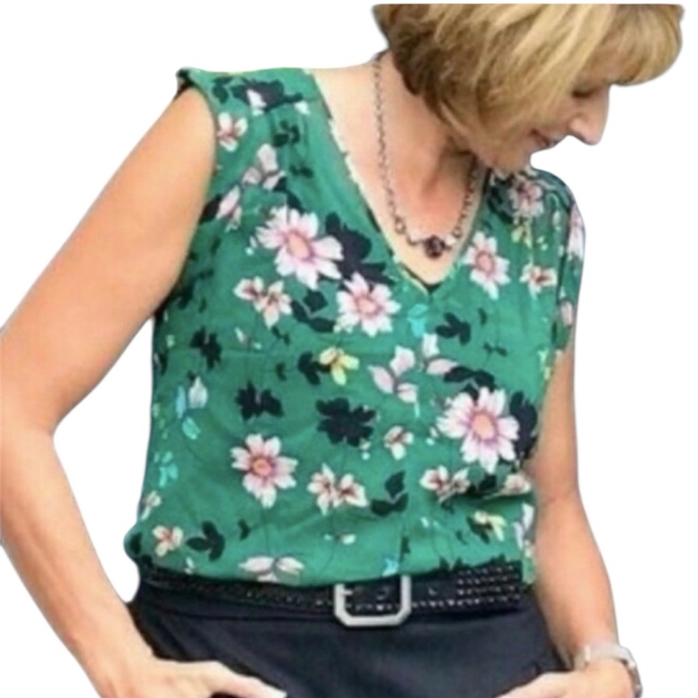 CaBI Green Floral Sheer Lightweight Top Blouse Small